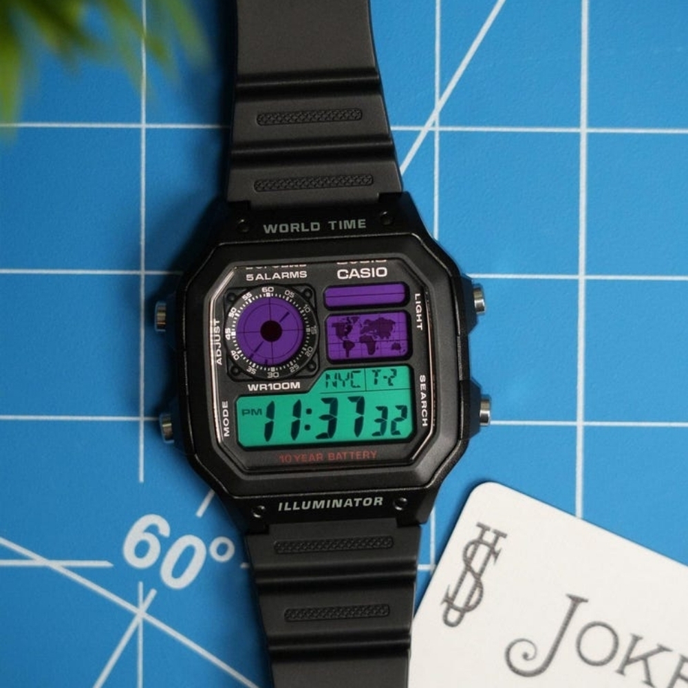 "Violet Pine" Casio Royale (AE1200) Custom Digital World Time Watch Mod, New